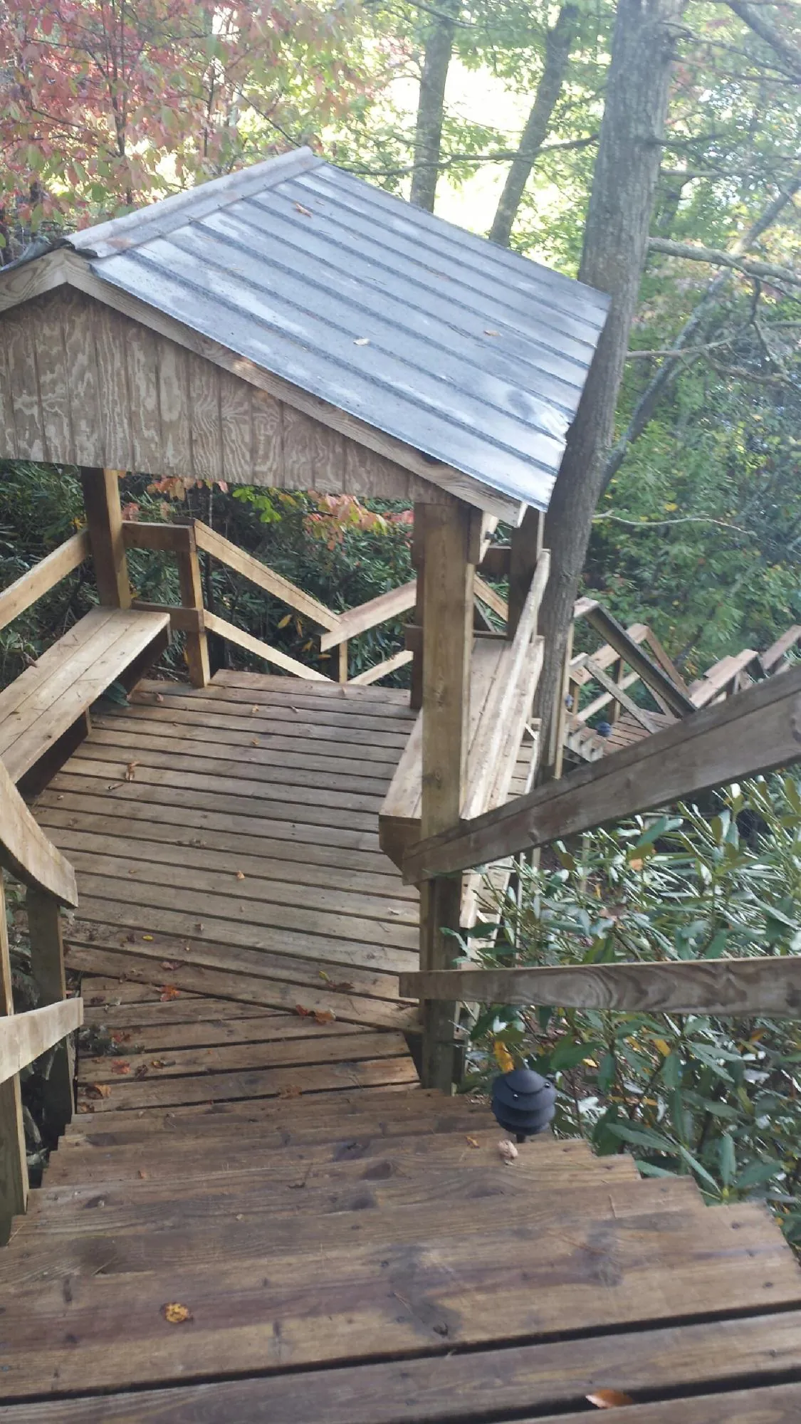 Metal roofed shelter over wooden steps on a wooded walkway — Skylight Repair & Installation work by our crew in Pigeon Forge